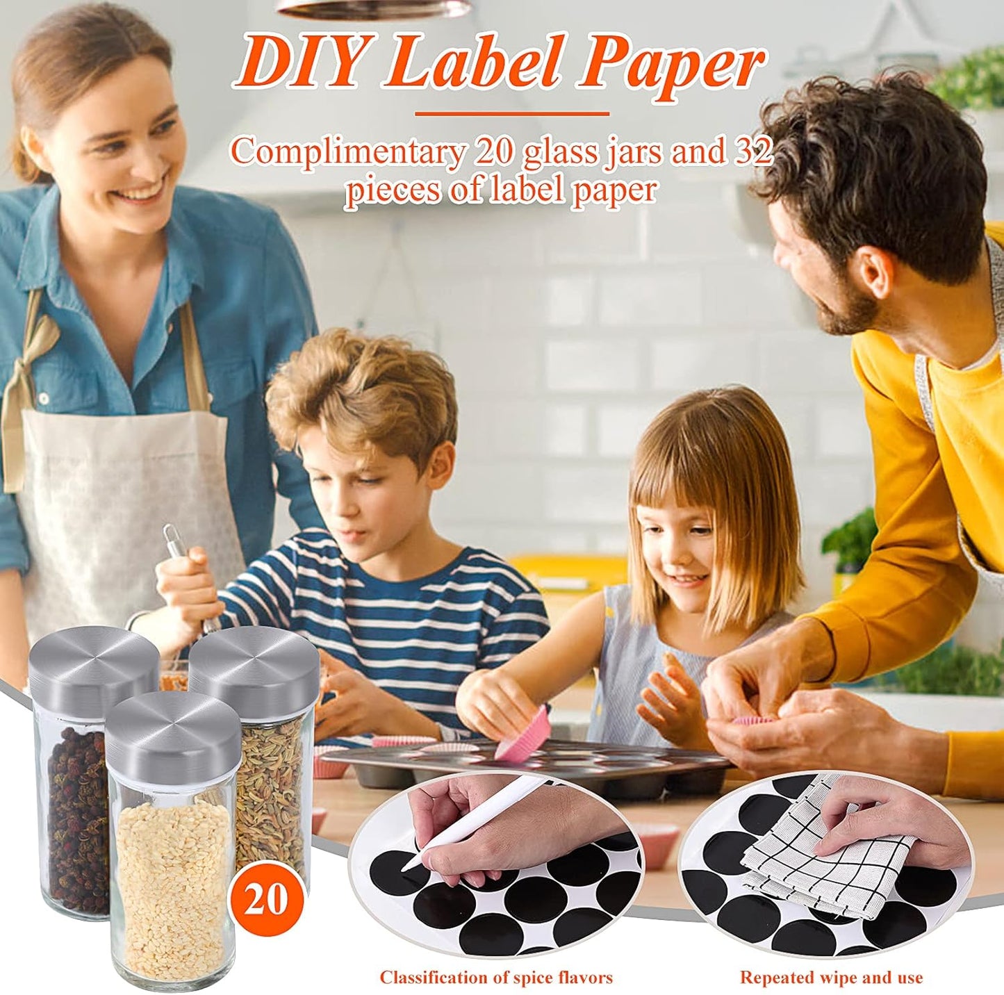 DOUBLE 2 C Revolving Spice Rack with 20 Jars, Rotating Spice Rack Organizer, Seasoning Organizer with Labels, Stainless Steel Spice Carousel for Kitchen Countertop, Cabinet