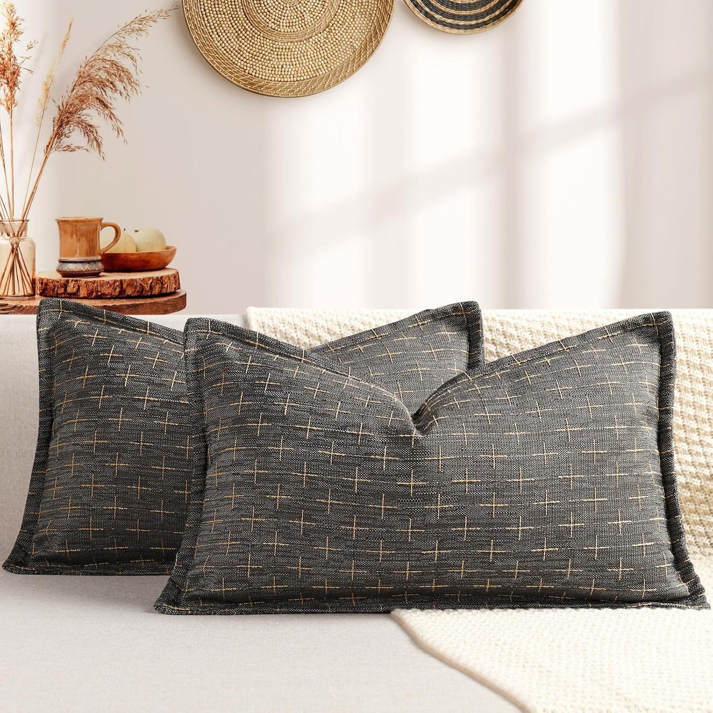 ZWJD 12x20 Pillow Covers Set of 2 Soft Polyester Textured Pillow Covers with Stylish Flange Edge Cozy Farmhouse Throw Pillows for Couch Bed Sofa Living Room