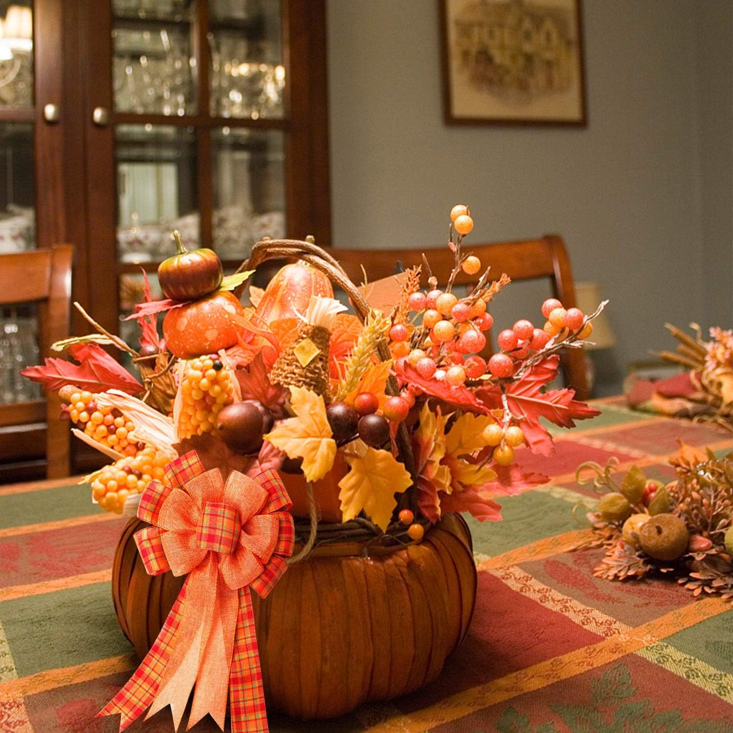 Iceyyyy 4Pcs Large Fall Thanksgiving Wreath Gift Bow -18.8x10.6inch Orange Buffalo Plaid Check Wreath Swag Bow Wreath Pre-Tied Bow for Fall, Thanksgiving, Christmas, Home Indoor Outdoor Ornaments