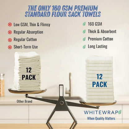 WHITEWRAP Flour Sack Towels| Tea Towel for Crafts| Kitchen Dish Cotton Blank Towel for Embroidery| Baking Bread Proofing Linen Cover| Thick Absorbent Quick Dry| 12Pack 28"x28" Natural