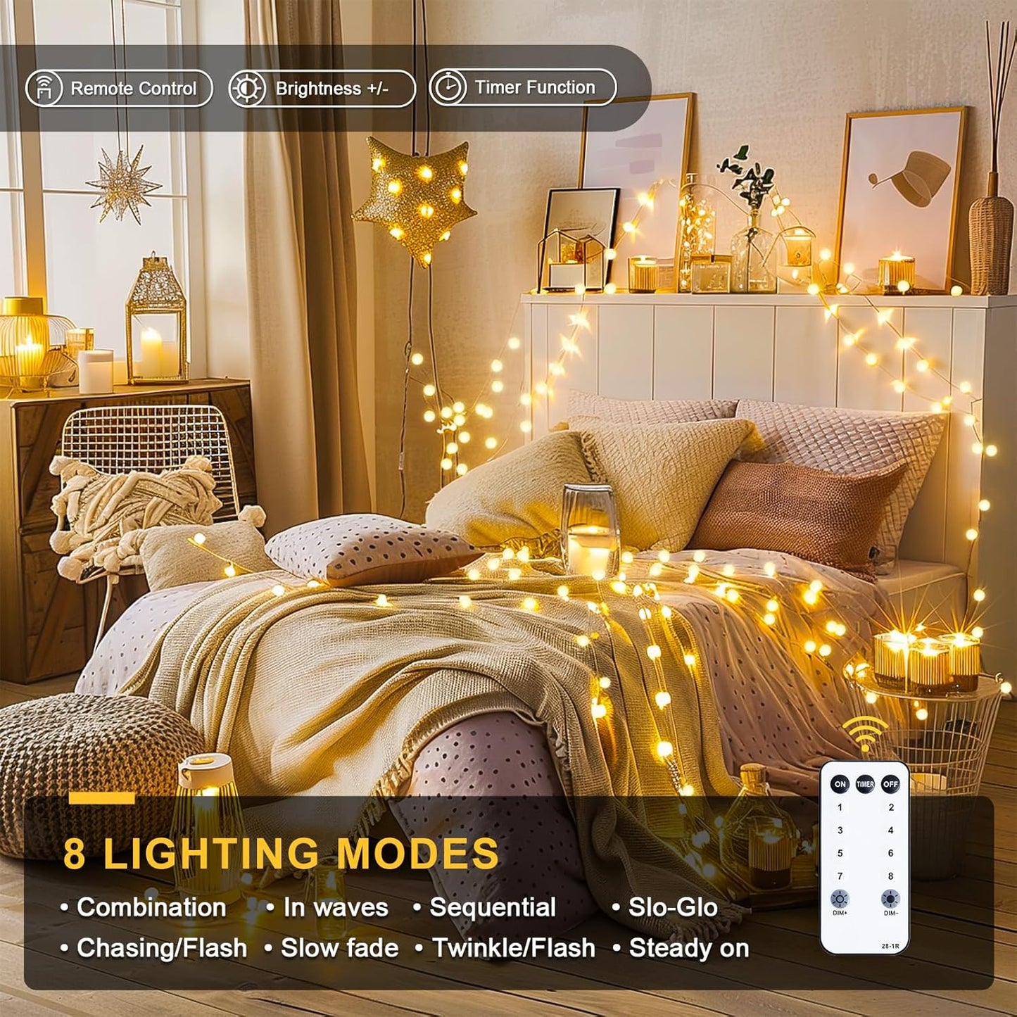 JMEXSUSS 100 LED Connectable Globe String Lights Indoor Bedroom, 33ft Warm White Christmas String Lights Plug in with Remote, 8 Modes Hanging Fairy Lights Outdoor for Room Classroom Dorm Party Decor
