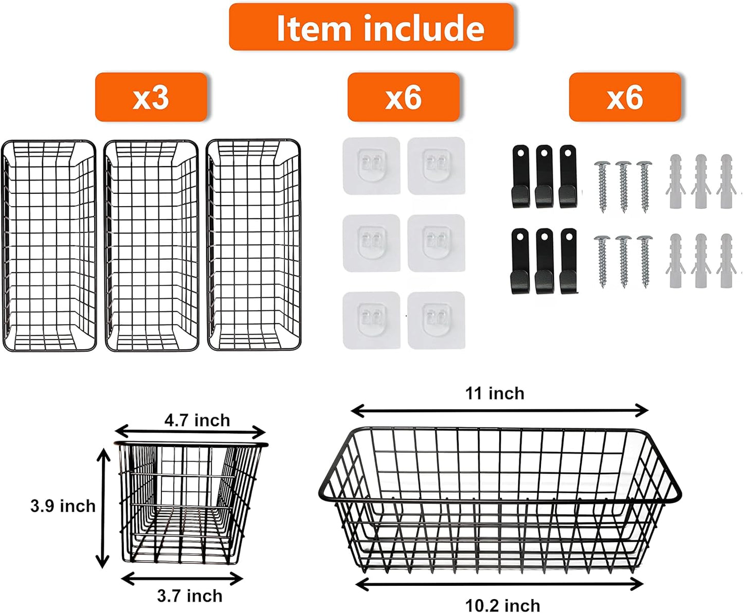 Joben Oligey 3 Set Hanging Wire Baskets ,Wall Mount Fruit Basket,No Drilling,Adhesive Small Metal Basket,Farmhouse Food Storage Mesh Bin Kitchen Pantry Laundry Bathroom Closet Garage RV ,Black