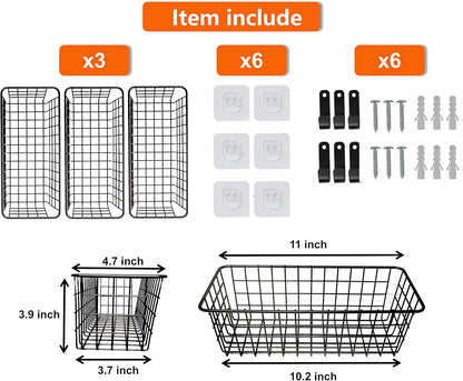 Joben Oligey 3 Set Hanging Wire Baskets ,Wall Mount Fruit Basket,No Drilling,Adhesive Small Metal Basket,Farmhouse Food Storage Mesh Bin Kitchen Pantry Laundry Bathroom Closet Garage RV ,Black