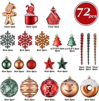 Gingerbread Man Christmas Tree Ball Ornaments Set - 72 ct Red Green Copper Gold Plastic Shatterproof Hanging Ornaments for Xmas Tree Indoor Outdoor Holiday Party Decorations