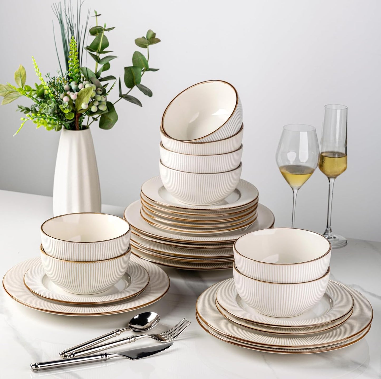 GBHOME Ceramic Dinnerware Sets, 24 pcs Embossed Elegant Stoneware Plates and Bowls Sets, Housewarming Wedding Gift | Dishwasher & Microwave Safe | Dishes Set Service for 8