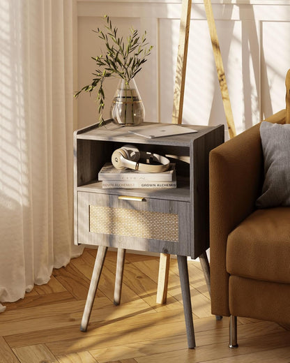 Rattan Nightstand,Modern Bedside Table with Storage Drawer and Open Wood Shelf, for Living Room, Bedroom and Small Spaces, Accent Night Stand with Solid Wood Legs, Easy Assembly(Grey Oak)