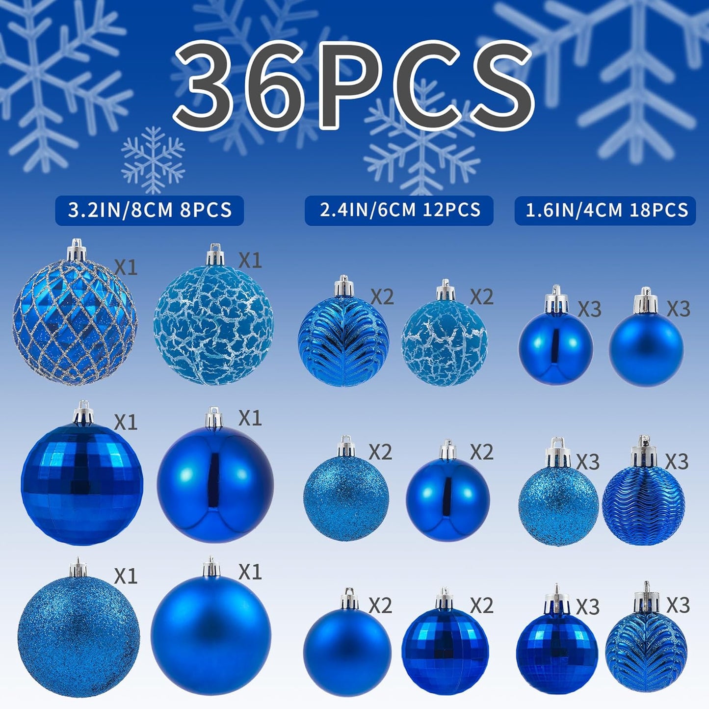LANGXUN 36pcs Blue Christmas Tree Decorations Balls, Bolas De Navidad, 2025 Christmas Decor, Indoor Outdoor Shatterproof Christmas Ornaments, Xmars Party Wedding Suppiles