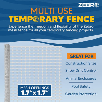 ZEBRO 4' x 100' White Plastic Garden Fence Roll – Standard Duty Safety Netting for Snow, Poultry, Deer, Dogs – Reusable Outdoor Barrier for Yard, Landscaping, Animal Protection
