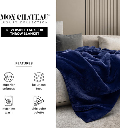 Mon Chateau Luxury Ultimate Plush Faux Fur Throw with 6cm Foldover for Couch, Sofa, or Bed - Plush Ultra Soft Blanket for Sleeping or Home Décor, 60" x 70"(Navy)