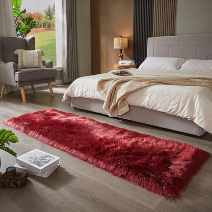 AMTOVO Faux Fur Rug, Burgundy Ultra Soft Fluffy Shag Sheepskin Rug, 2 x 6 ft Runner Area Rugs for Bedroom Sofa Throw Cushion Room Decor, Rectangle