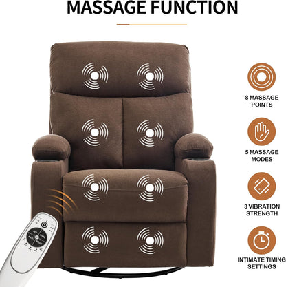 Swivel Power Recliner Chair for Adults with Full Body Massage, Electric Rocker Recliner Chairs for Living Room with USB and Type-C Ports, Fabric Rocking Reclining Sofa Chair (Cocoa Brown)
