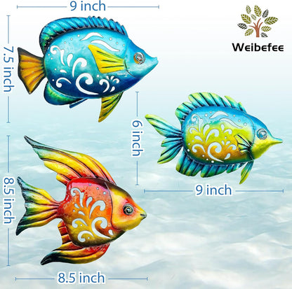 Weibefee Coastal Wall Decor, Ocean Sea Metal Fish Wall Decor, Hanging Wall Art Decoration for Indoor Outdoor, Beach Nautical Tropical Fish Wall Sculpture for Pool Bathroom Bedroom Patio