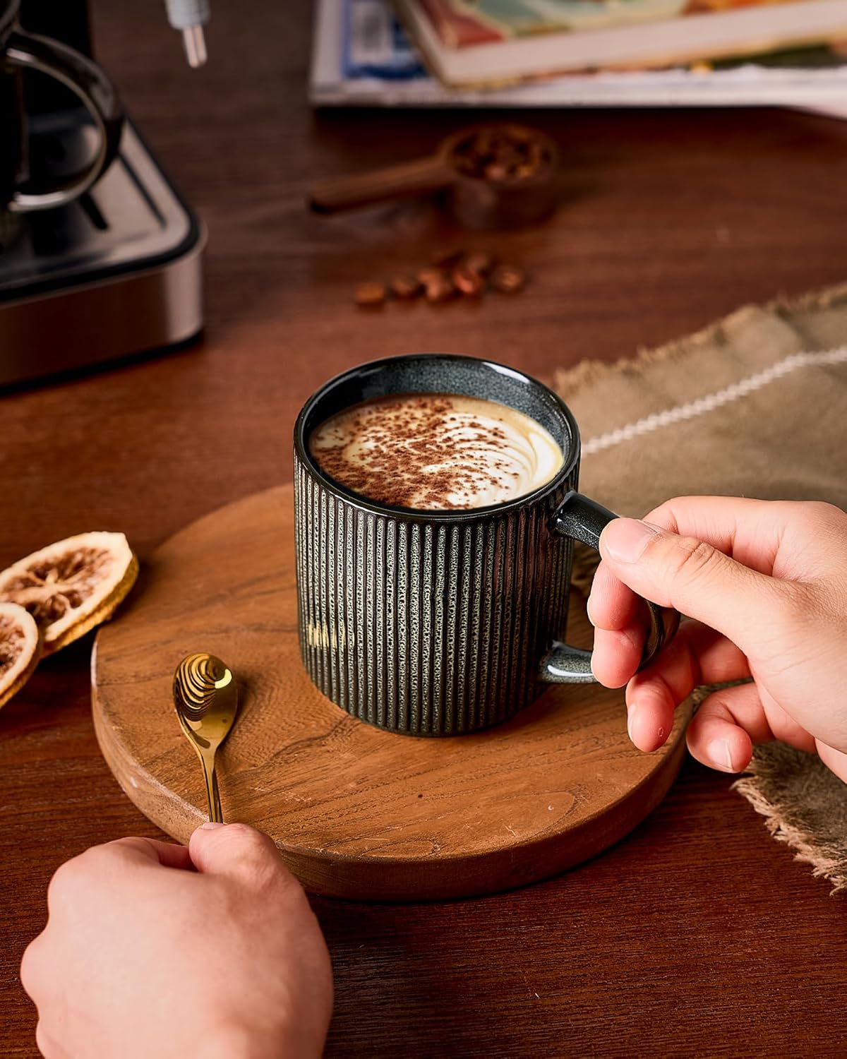 famiware Coffee Mug Set for 4, Star 12 oz Catering Mugs Cup Set with Handle for Coffee, Tea, Cocoa, Milk - Ceramic Stoneware Drinkware Set, Deep Forest