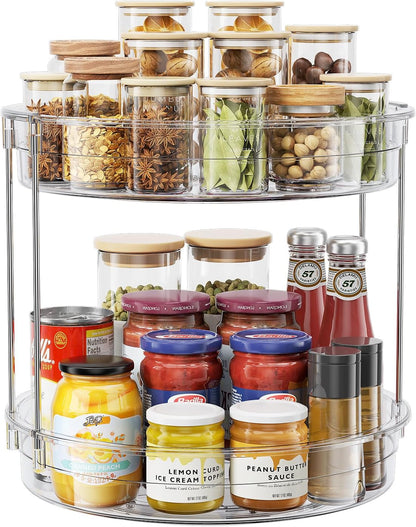 LAMU 12inch 2 Tier Lazy Susan Turntable Organizer Rotating Spice Rack Organization for Cabinet, Kitchen, Pantry, Countertop, Bathroom, Vanity, Medicine Cabinet Organizer, Clear