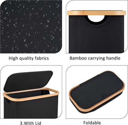 60L Slim Laundry Hamper,Laundry Basket with Lid,Tall Hamper for Laundry,Dirty Cloth Hamper with Bamboo Handle for Toys,Towels, Clothes Organizing,Black