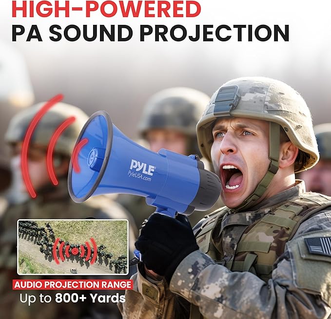 Pyle Compact Battery-Operated Megaphone with Siren - 30 Watt Power, Microphone, 2 Modes, PA Sound, Bullhorn, Foldable Handle for Cheerleading, Police Use (Blue)