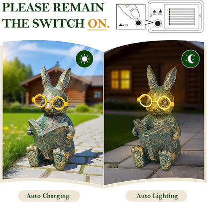 Solar Garden Decor, Adorable Rabbit Statue with Solar-Powered Glasses, Outdoor Decoration Lights for Patio, Yard & Balcony, for Kids, Mom & Grandma