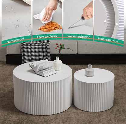 Round Nesting Coffee Table Set of 2 Handcraft Circle Fluted Nesting Coffee Tables Circular Side Table Drum Accent End Tables for Living Room Bedroom (White A Small)