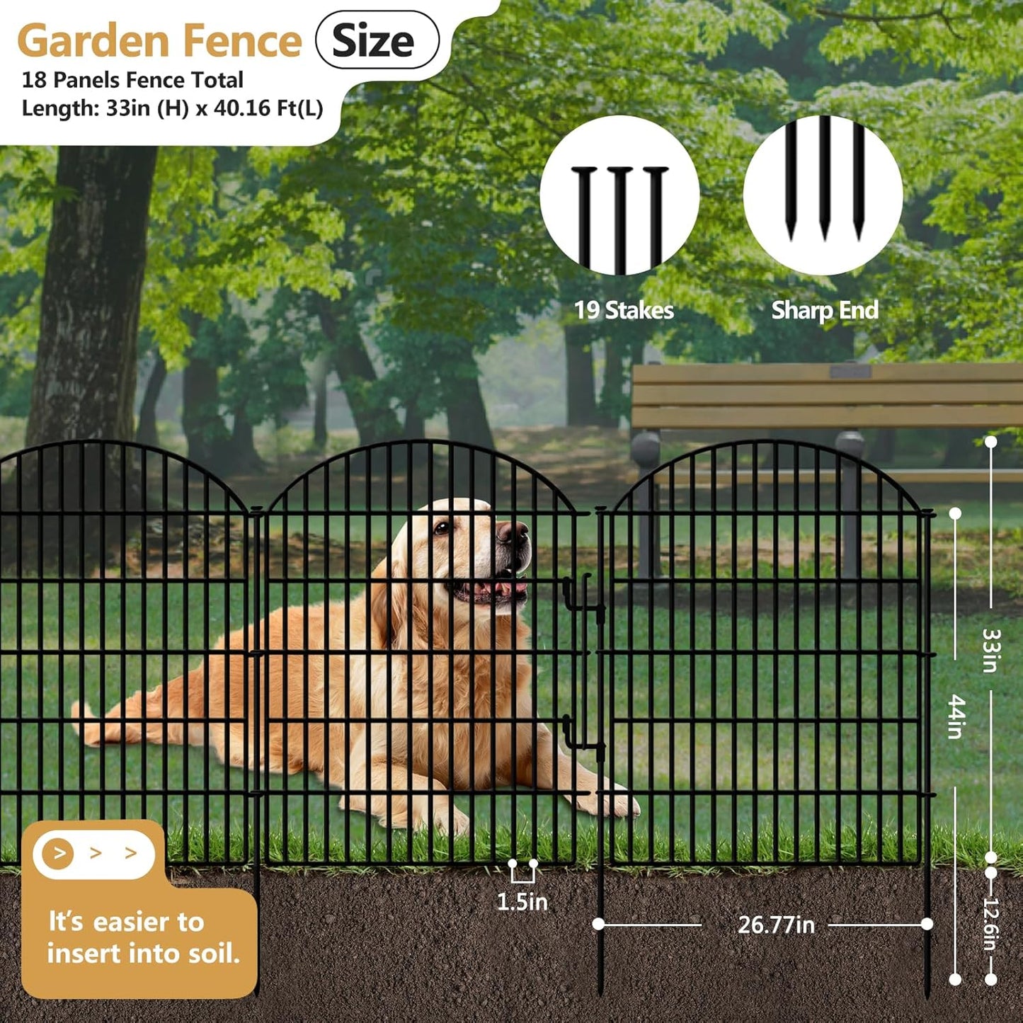 18 Panels No Dig Decorative Outdoor Garden Fence with Lock for Yard, 33in (H) x 40.16 (L) Animal Barrier Fencing Rustproof Metal Wire Panel Border for Dog, Rabbits, and Patio Temporary Ground Stakes