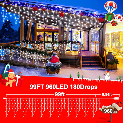 KNONEW 99ft 960 LED Christmas Lights Outdoor Decorations with 180 Drops, 8 Modes Curtain Fairy Light, Clear Wire LED String Light Indoor Decor for Wedding Party Christmas(Cool White)
