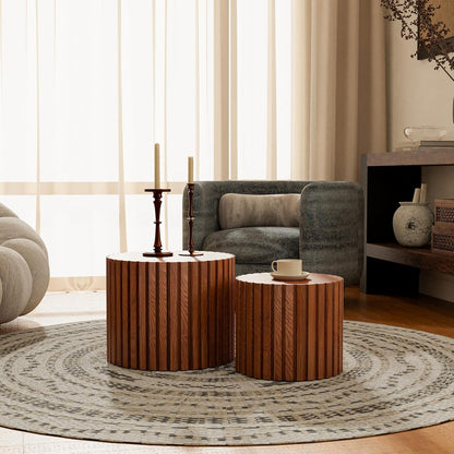 Round Coffee Table Set of 2, Nesting Coffee Table and End Table Set Small Circle Drum Side Table for Living Room Office, No Assembly (C Walnut Small)