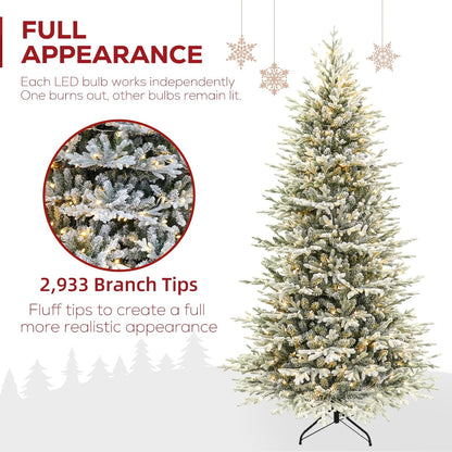 Hykolity 7.5 ft Prelit Snow Flocked Christmas Tree, 2933 PE&PVC Realistic Branch Tips, Artificial Twinkling Christmas Tree with 450 Warm White LED Lights, Metal Stand and Hinged Branches