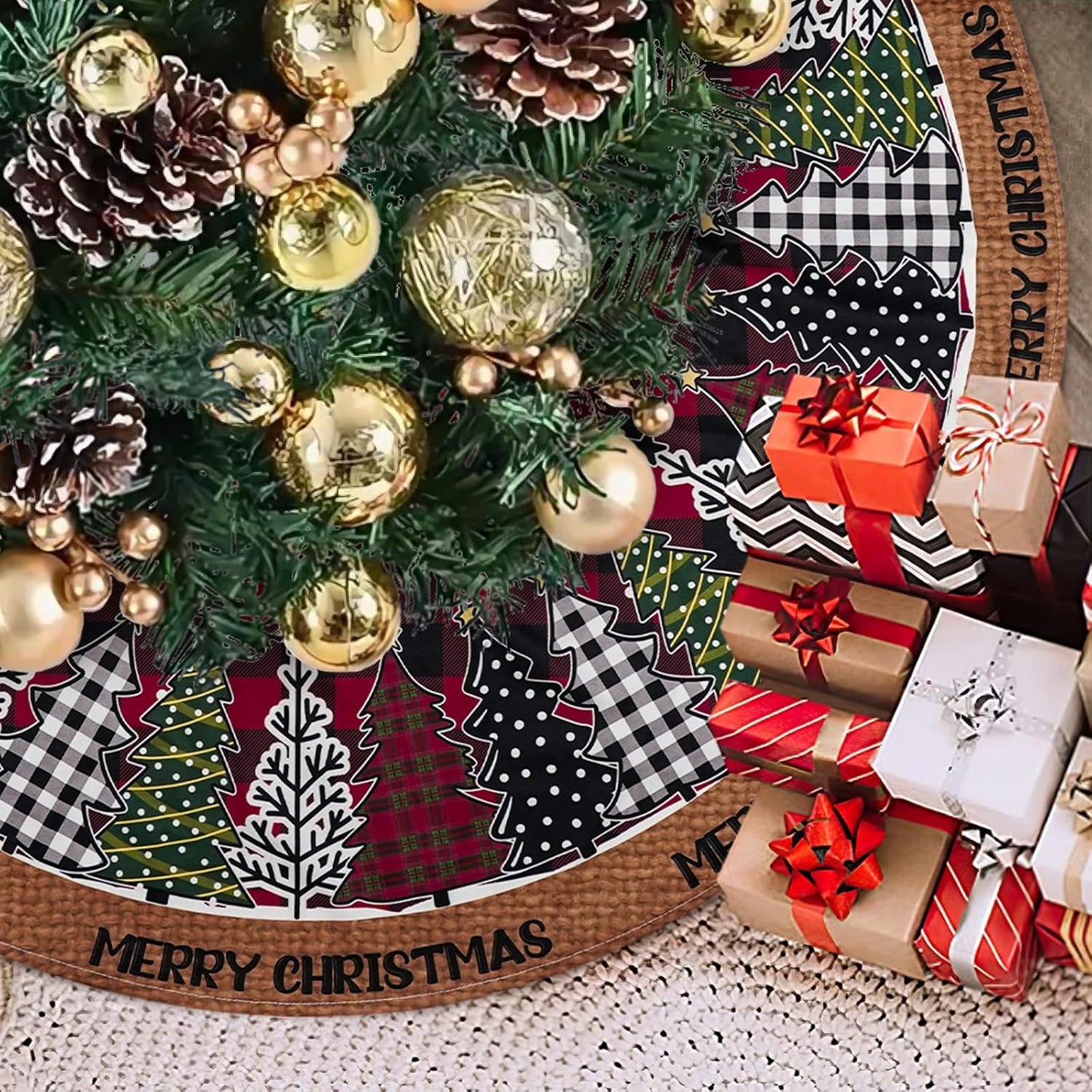 Christmas Tree Skirt 48 Inch, Red and Black Buffalo Plaid Xmas Tree Skirts, Winter Christmas Trees Mat for Home Party Holiday Indoor Outdoor Decorations