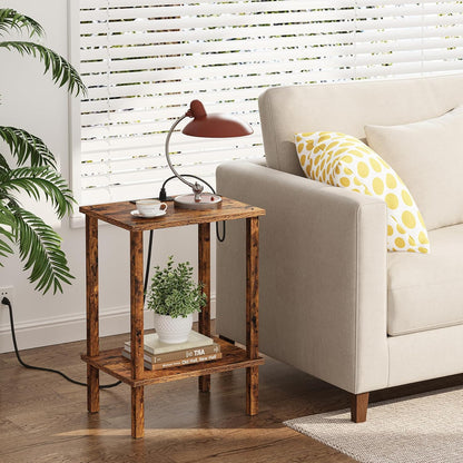 TUTOTAK End Table with Charging Station, Small Side Table with Outlets, Nightstand Bedside Table, 2-Tier Storage Shelf for Small Space, Living Room, Bedroom, Brown TB01BB040C
