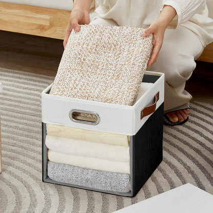 Fabric Storage Cubes with Clear Windows and Lids 11'' Foldable Storage Bins with 3 Handles, Decorative Storage Boxes for Home, Bedroom, Closet, Office (Balck & White)