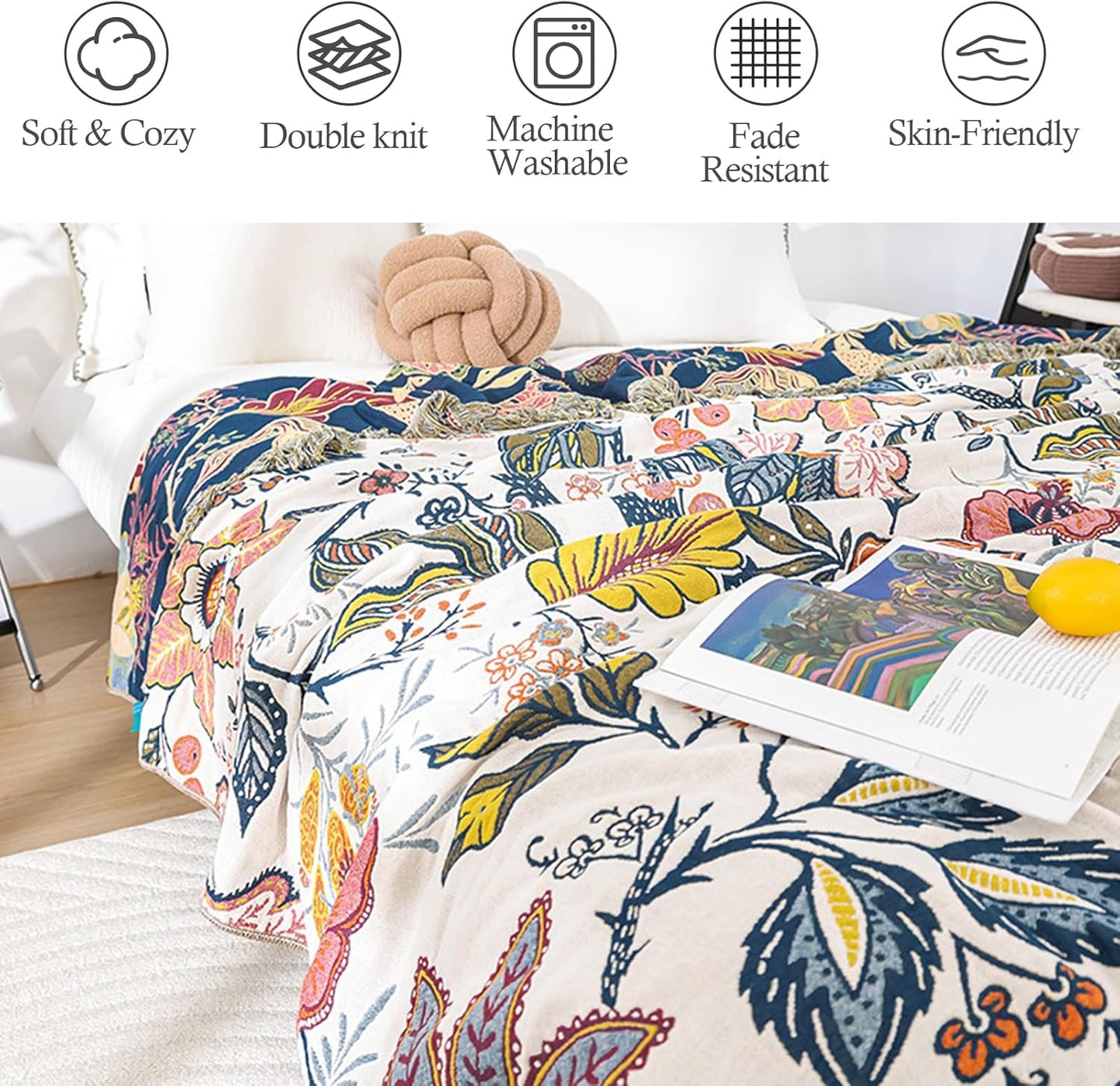 Snycler Boho Throw Blanket for Bed, 100% Organic Cotton Muslin Soft Throw-Floral Farmhouse Rustic Spring Summer Fall Decor Blanket for Couch Sofa Quilt and Gift, 60" x 80" White