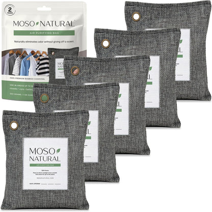 Moso Natural Air Purifying Bag 200g (5 Pack) Bamboo Charcoal Odor Absorber for Home & Car | Closet Odor Eliminator, Small Room Deodorizer & Car Air Freshener | Long Lasting Charcoal Bags Cover 90sqft