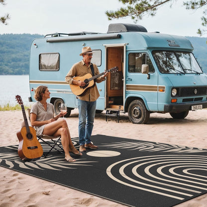 GENIMO Outdoor Rug 8' x 10' Waterproof for Patio Clearance, Reversible Lightweight Plastic Straw Camping Carpet, Large Area Rugs Mats for Rv, Backyard, Deck, Porch, Picnic, Balcony, Mix-Black & Beige