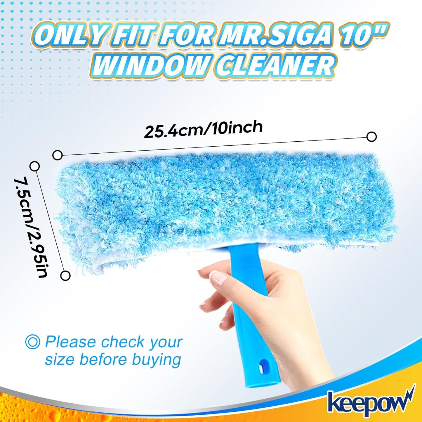 KEEPOW 10" Professional Microfiber Window Scrubber Refill Replacement Compatible with MR.SIGA, Compatible with Ettore Window Cleaning Tools, Reusable & Washable Window Squeegee for Home (2 Pack)