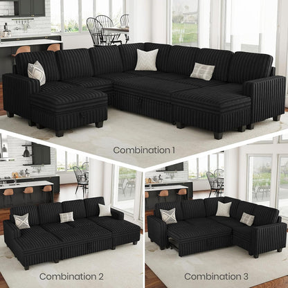 Belffin Corduroy Sleeper Sofa Bed with Storage Chaise Modular Sectional Sofa Couch with Pull Out Bed L Shaped Sectional Couches for Living Room Black Couch