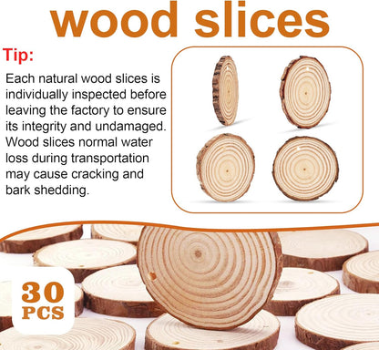 30 PCS Natural Unfinished Wood Crafts, 2.7" - 3.1" WoodRounds with Hole, Wood Ornaments WoodCircles for Crafts Doodle, Splice, Paint, Art, Decorate