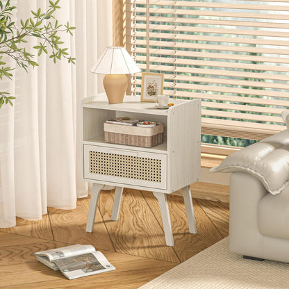 Lerliuo Rattan Nightstands Set of 2, Side Table with Drawer Open Shelf, Cane Accent Bedside End Table, Mid Century Modern Night Stand for Bedroom, Dorm and Small Spaces (Grey White)