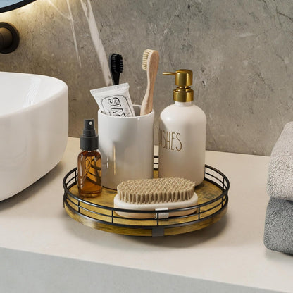 Lazy Susan Turntable Organizer for Table Top, 10’’ Round Wooden Lazy Susan for Cabinet Kitchen Countertop Pantry Dining Coffee Table for Condiments Spices, Rustic Bathroom Vanity Tray for Soap Candle