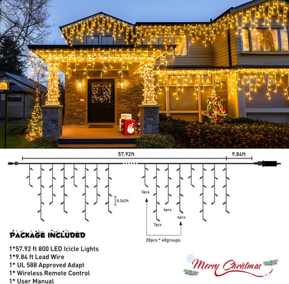 JMEXSUSS Christmas Icicle Lights for Outside-800 LED Warm White Icicle Lights Outdoor Waterproof, Warm White Christmas String Light for House Wedding Party Christmas Decoration