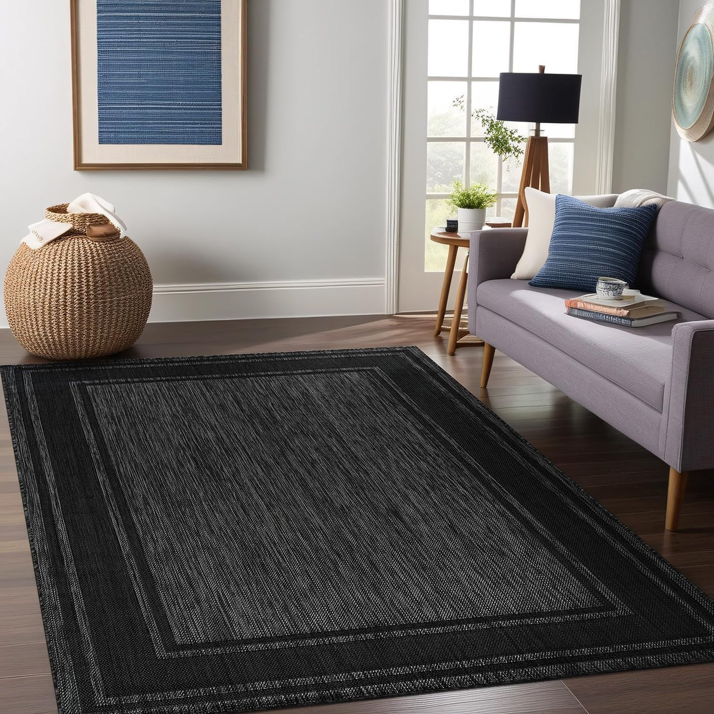 Beverly Rug Large Outdoor Rug 10x14 Modern Bordered Area Rugs for Indoor and Outdoor Patio Deck Porch Garden Waterproof Weather Sun Resistant Washable Outside Carpet (10 x 14 Black)