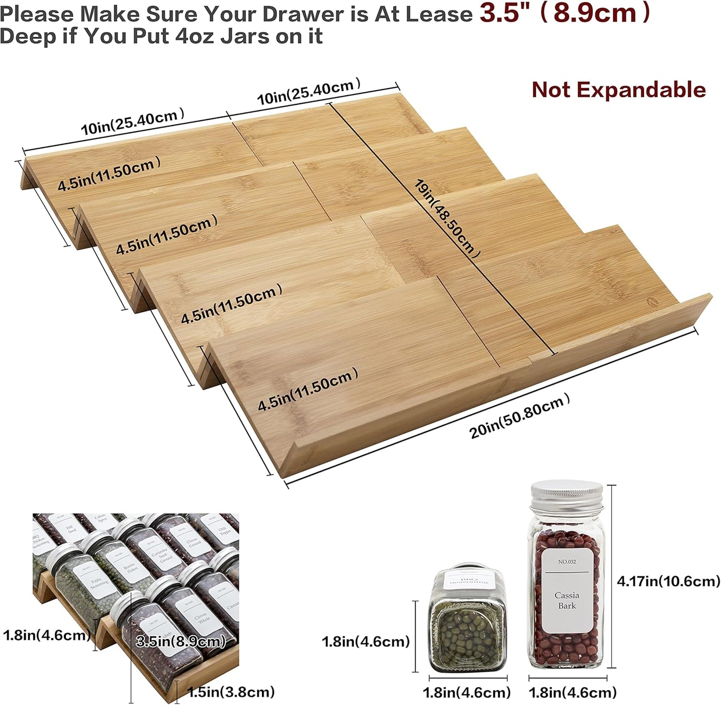 Bamboo Spice Rack Drawer Organizer - 8 Pieces Set- 10" Wide Per Piece - Combine Pieces Into 20" Wide Rack (10" or 20")