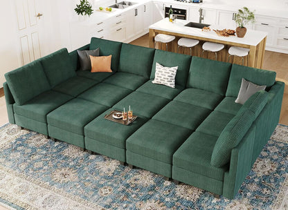Belffin Large 15 Seat Modular Sectional Sofa with Storage Seat Corduroy Sleeper Sectional Sofa Bed Oversized Convertible Modular Couch for Living Room Green