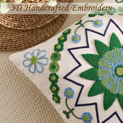 Embroidered Throw Pillow Cover 18x18 Classic Boho Floral Pattern Pillows Cover Outdoor Decorative Pillowcase,Durable Cozy Textured Cushion Case for Sofa Couch Bed Living Room,Green