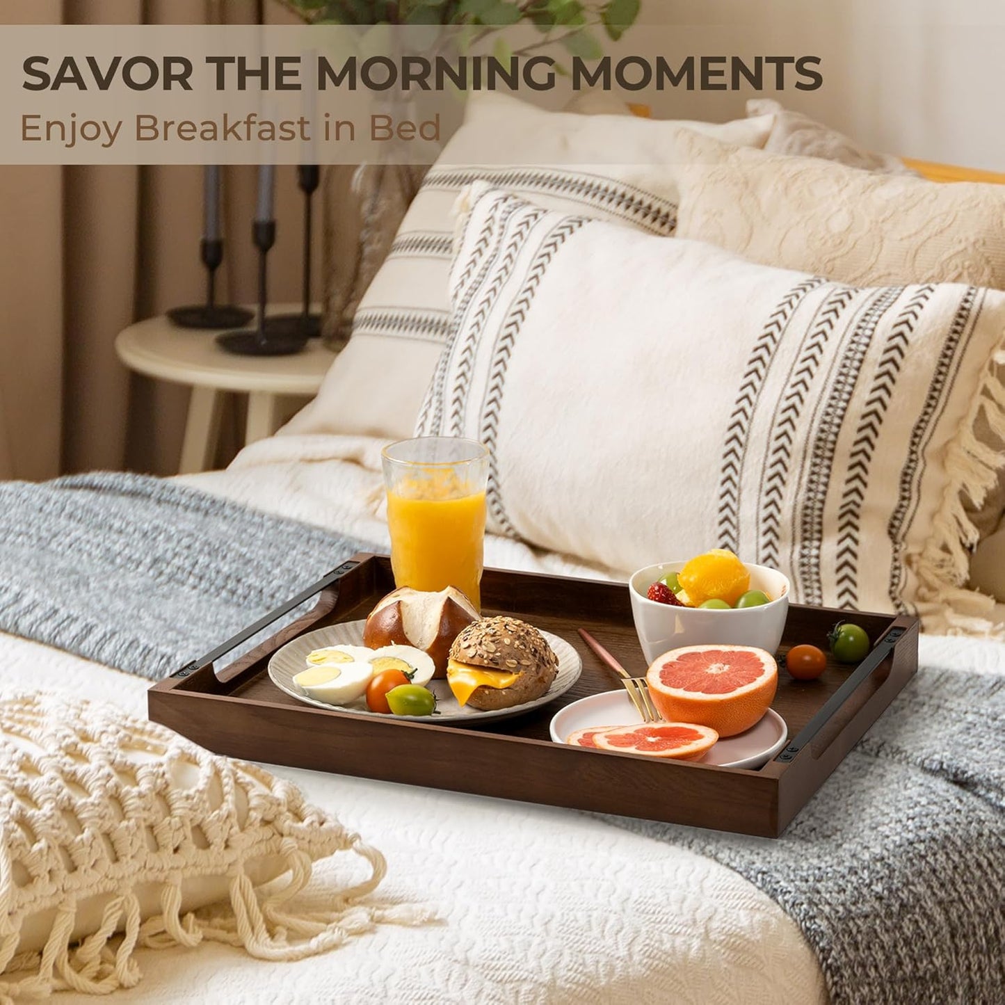 Axeman Wooden Serving Tray with Metal Handles|Ottoman Tray for Breakfast, Bed, Couch|17x13in Ash Wood Coffee Table Trays|Food Drinks Decorative Storage Boards for Ottoman Kitchen, Walnut