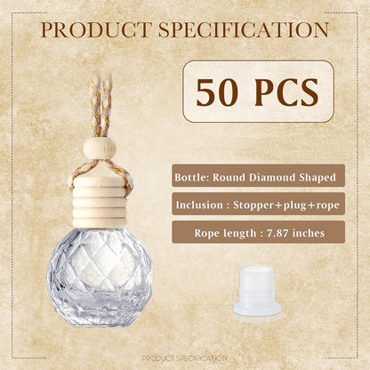 BBTO 50 Pcs Hanging Car Air Freshener Car Diffuser Bottles Empty Glass Perfume Bottle Freshener Diffuser Bottle Pendant for Essential Oil Fragrance Aromatherapy Bottle Ornament(Round Diamond)