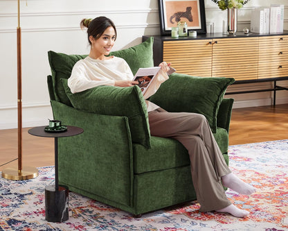 Oversized Accent Chair, Upholstered Modern Sofa Chair with Removable Backrest & Detachable Cover, 24.5" Deep Seat Large Reading Armchair for Living Room Bedroom Office - Chenille Green Set of 1