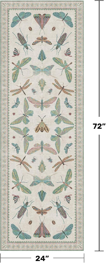 Boho Bathroom Runners - 2x6 Blue and Green Rug for Kitchen, Entry Way, Non Slip Washable Butterfly Insect Print Home Decor