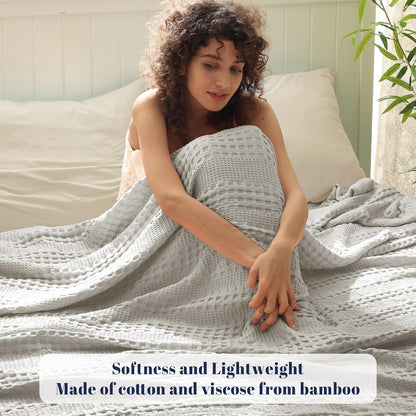 PHF Cooling Waffle Blanket Queen Size, Lightweight 60% Rayon Derived from Bamboo & 40% Cotton Breathable Blanket for Hot Sleepers, Soft and Luxury for Bed Couch and Sofa, 90"x90", Grey