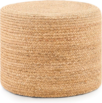 Handwoven Water Hyacinth Ottoman Pouf, Round Outdoor Footstool with Sturdy Frame, No Assembly Needed, Boho Accent Stool for Indoor & Outdoor Use – Patio, Balcony, Living Room (Natural)