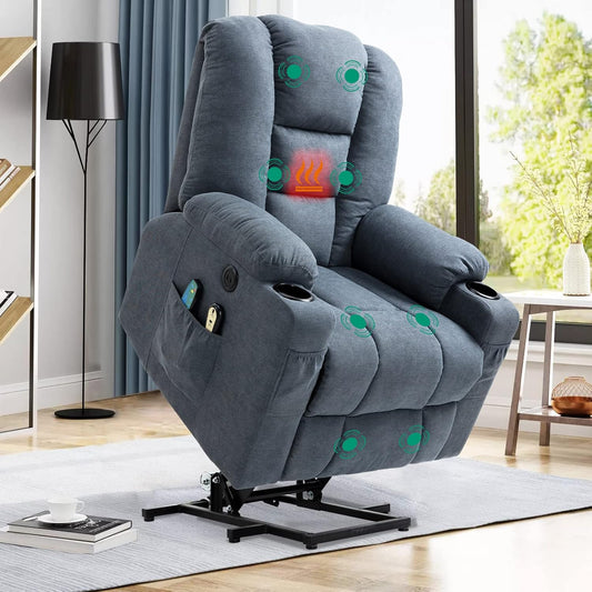 VIVIJASON Power Lift Chair Electric Recliner for Elderly Heated Vibration Massage Soft Fabric Recliner Chair with 2 Remote Controls, USB Ports, Side Pockets & Cup Holders for Living Room (Blue)