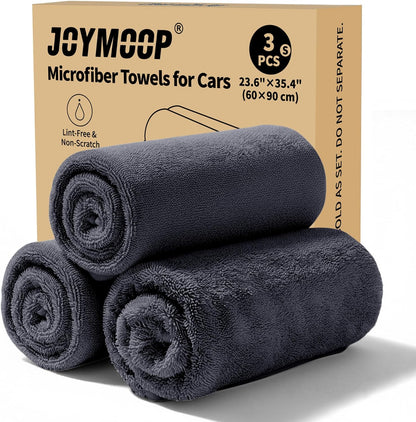 JOYMOOP Microfiber Towels for Cars, 3 Pack 35.4" x 23.6" Car Drying Towel, Dark Gray Reusable Car Towel, Quick Drying Car Microfiber Cleaning Cloth for RVs, SUVs, Trucks